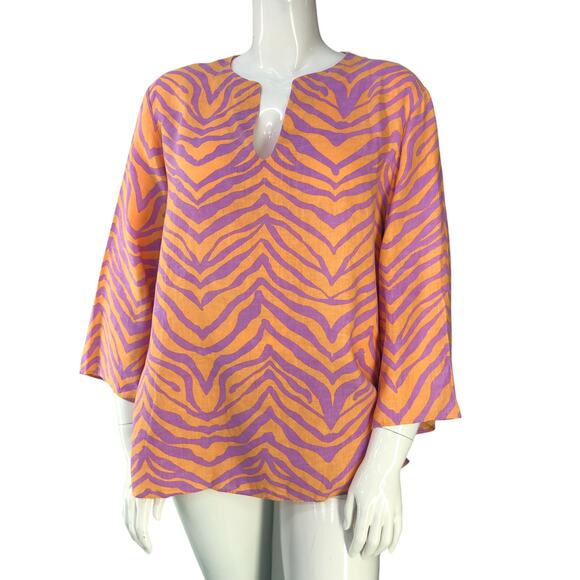 Lafayette 148 New York Women Size XL Top Hawley Tiger Striped Linen Blouse Tunic - Picture 1 of 15